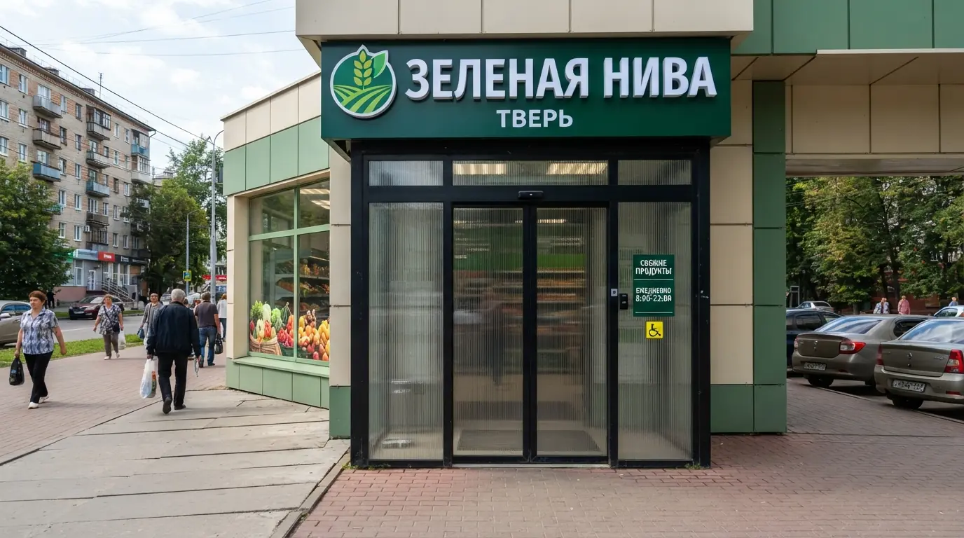 Входная группа магазина алюминиевая — в вечернем освещении