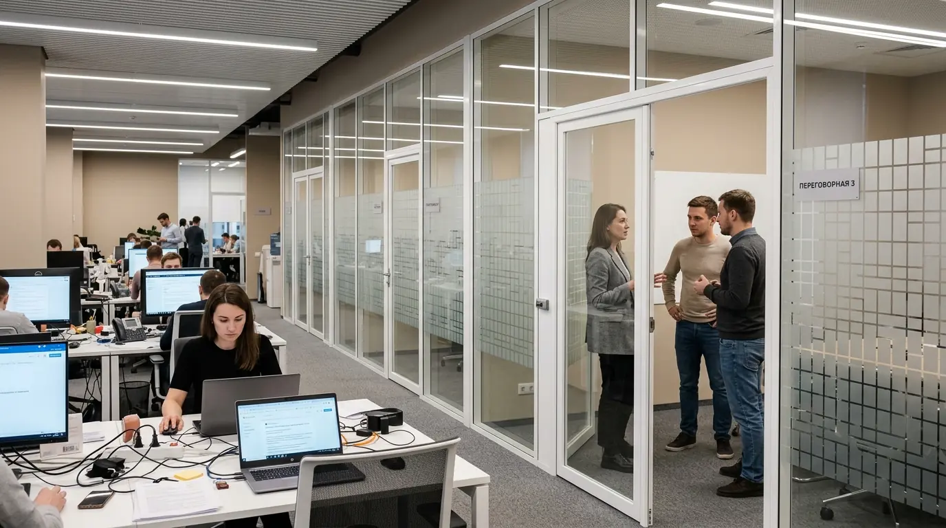 Офисные противопожарные стеклянные перегородки — вид крупным планом